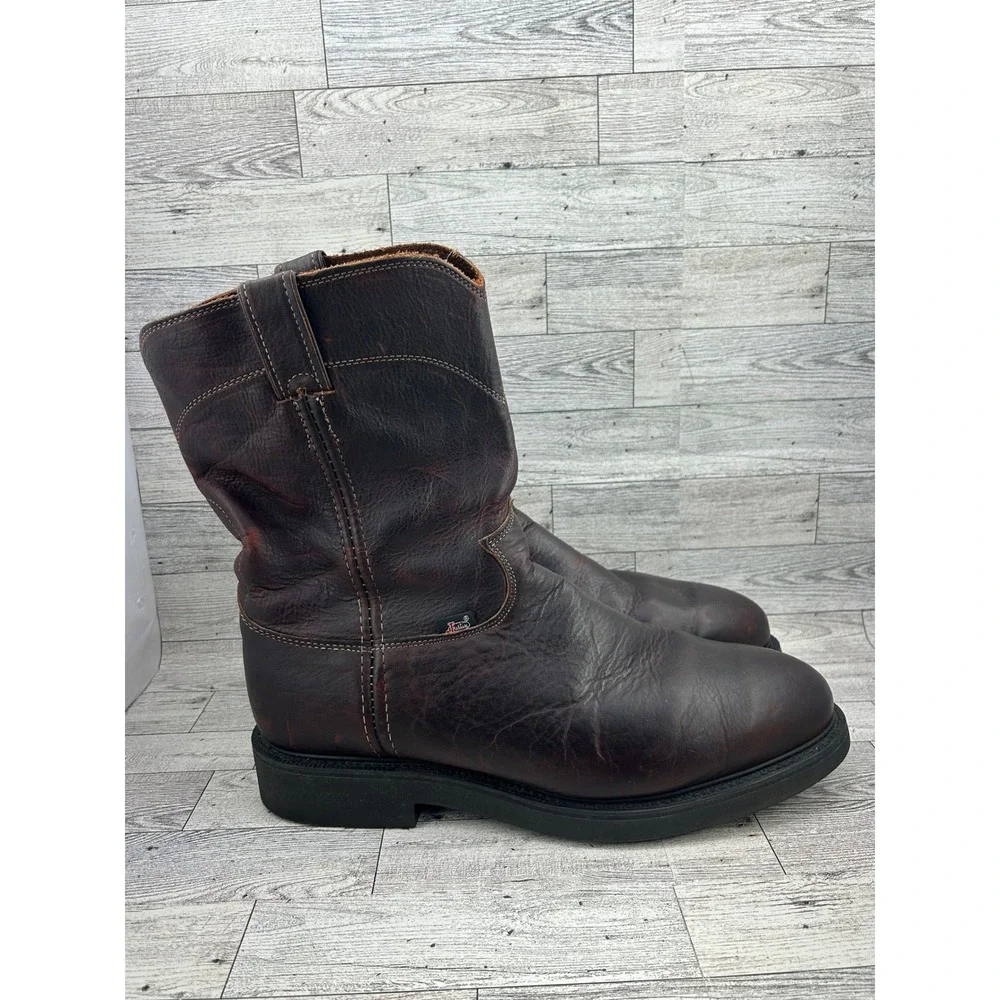 Justin Dark Brown Leather‎ Work Boots Pull On Roper Round Toe Oil Resist Men 12D